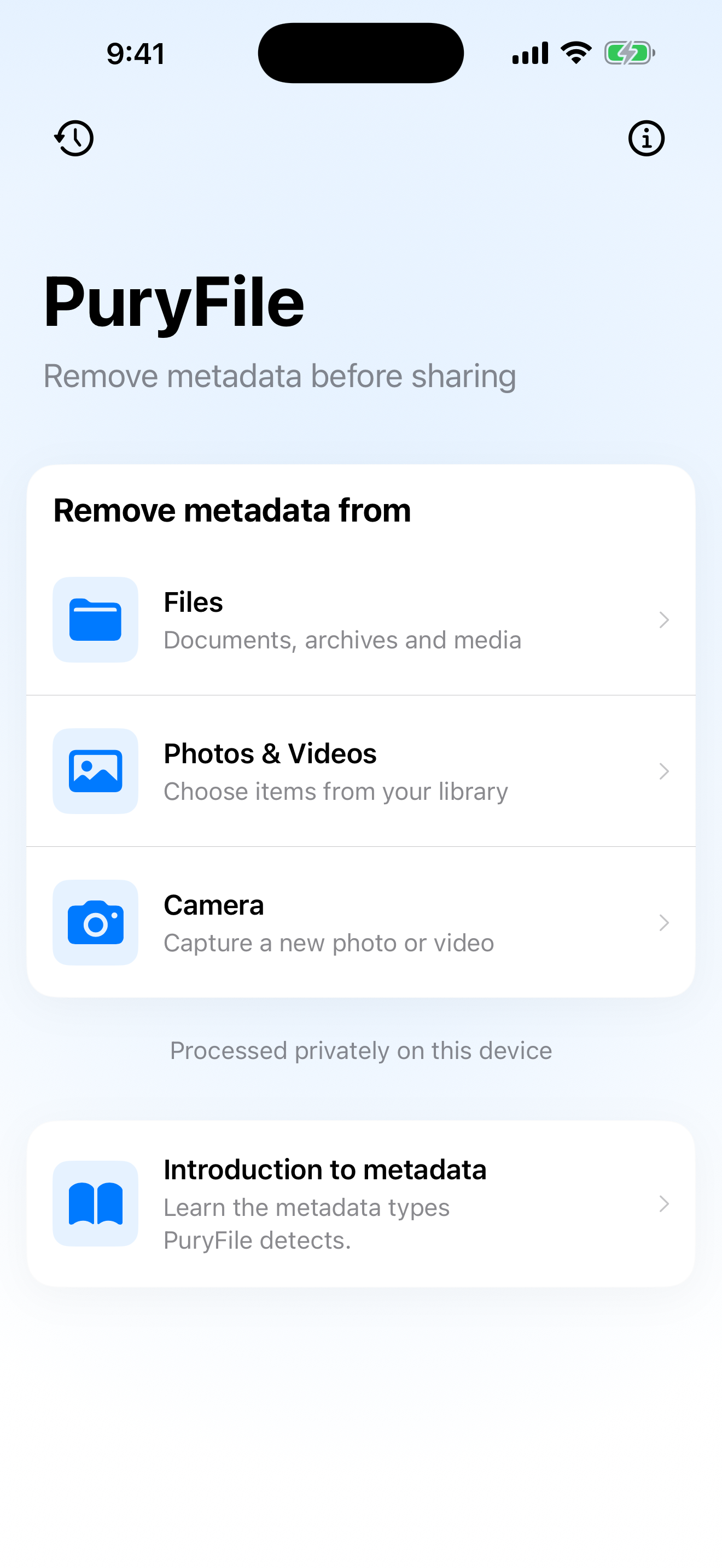 Puryfile iOS preview showing main file picker